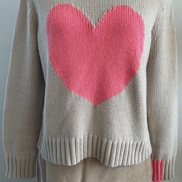 LISA TODD Pale Café-au-Lait Cotton-Blend Heart Intarsia Crewneck Sweater - US S - Picture 2 of 12